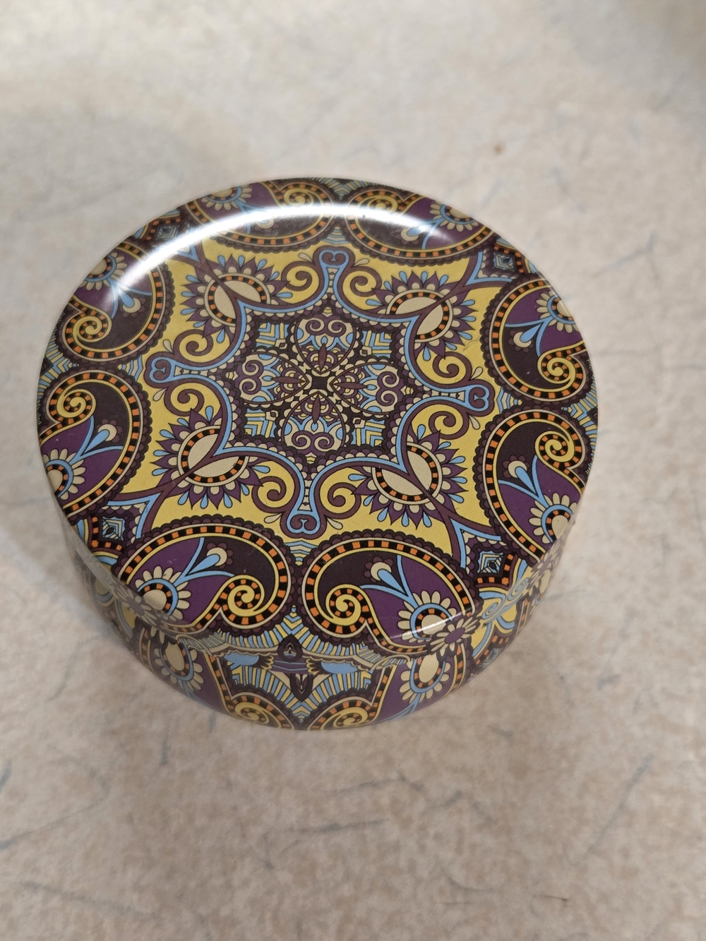 2.5 oz Rosemary 100% Soy Wax Candle in Yellow & Purple Paisley Tin Container